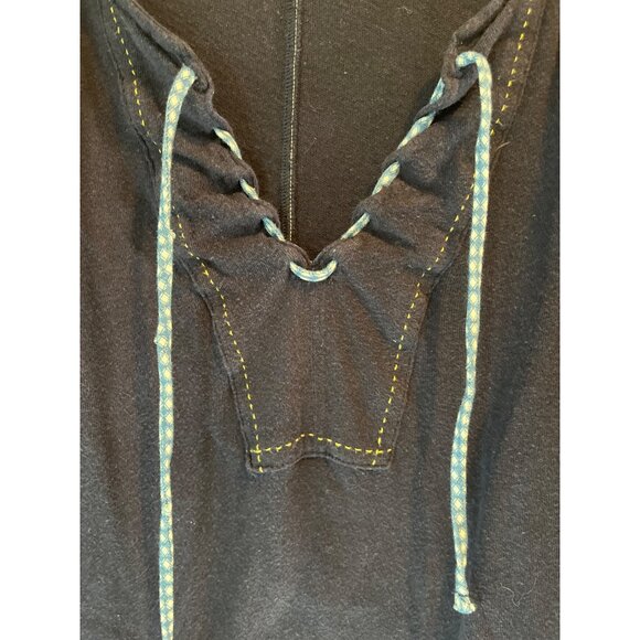 Navy Blue Long Sleeve Top With Lace-Up Neckline Yellow Stitching & Blue Patterne - Picture 5 of 8